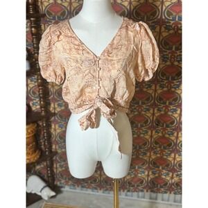 Blu Pepper Floral Print Crop Top Tie Front Blouse Puff Short Sleeve Medium